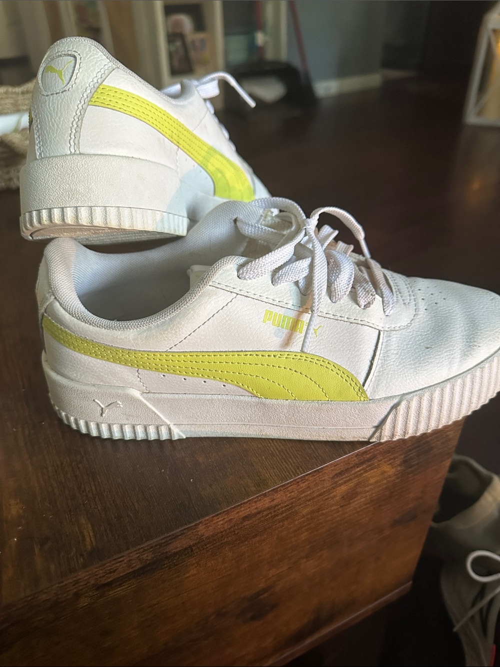 Puma Kids White Sneakers with Yellow Stripe